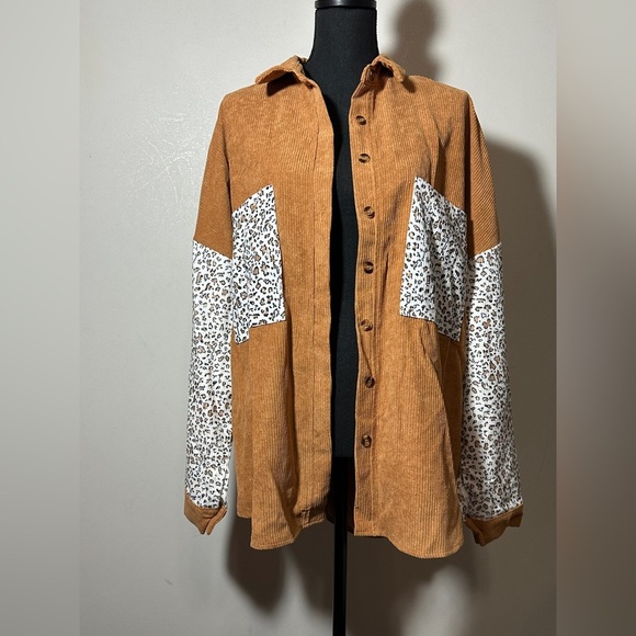 Brown Corduroy Leopard Colorblock Shirt Shacket NWOT Size XL - Picture 1 of 6